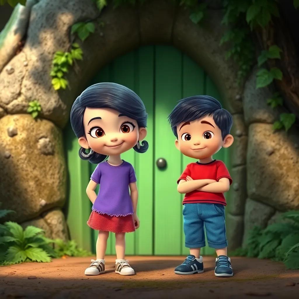 Dos pequeños niños, Sofía con cabello rizado y camiseta azul y Tomás con pantalones cortos y camiseta roja, felices y curiosos, frente a una puerta verde cubierta de hiedra, bosque encantado, digital art, bright colors, whimsical atmosphere, enchanting view, high quality