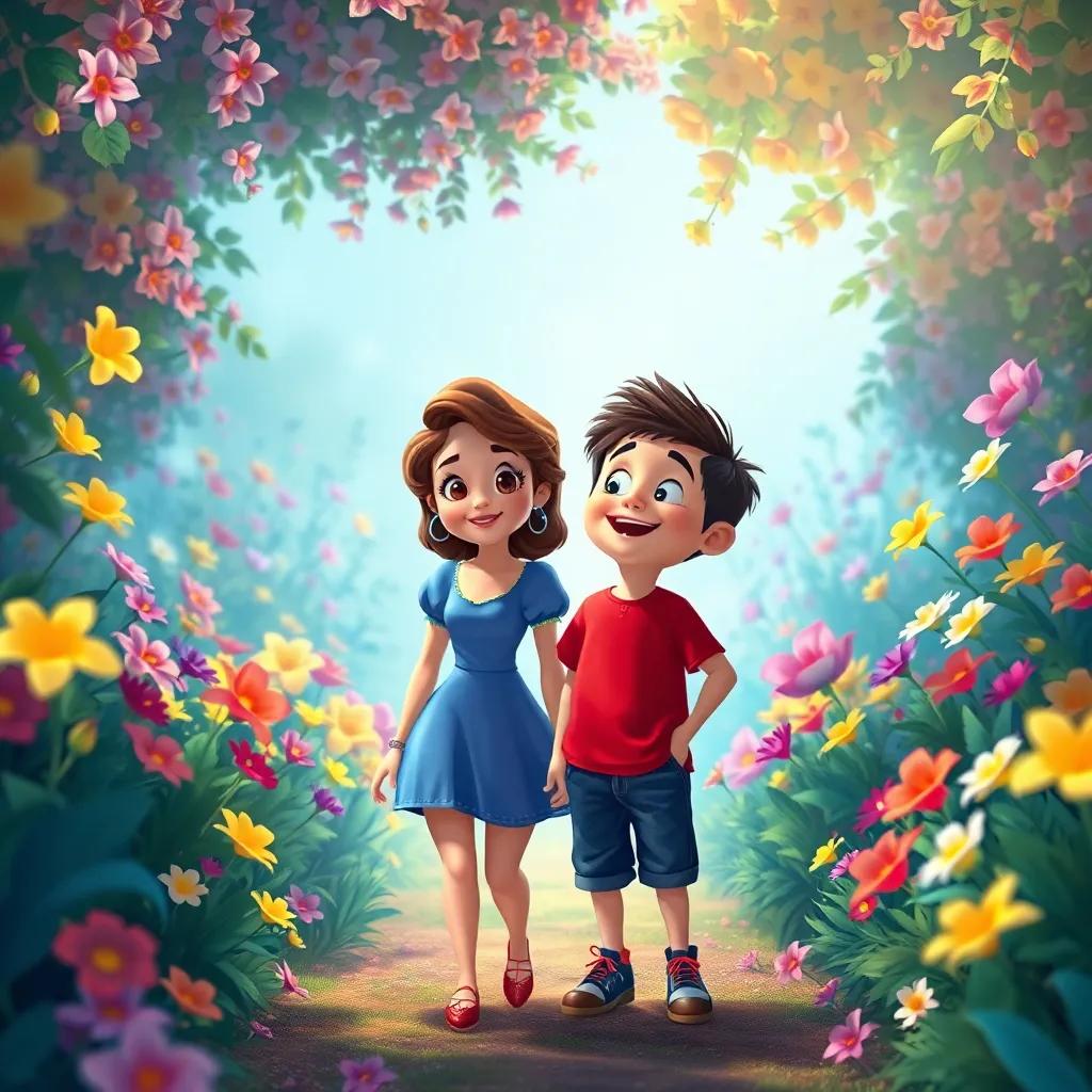 Sofía con cabello rizado y camiseta azul, y Tomás con pantalones cortos y camiseta roja, asombrados al entrar en un jardín lleno de flores de todos los colores, flores sonrientes, digital illustration, vivid colors, magical atmosphere, joyful scene, enchanting view