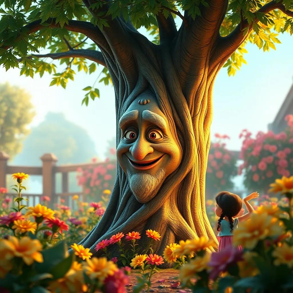 Un viejo árbol sabio, con cara amable y ojos brillantes, en un jardín mágico, rodeado de flores coloridas, contando historias a Sofía y Tomás, digital art, warm colors, inviting scene, storytelling moment, pure magic, high quality