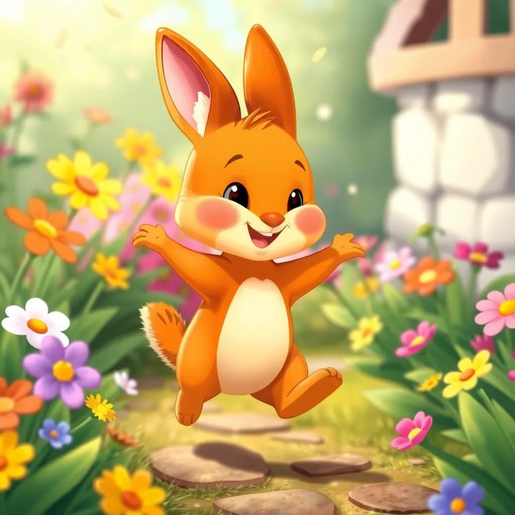 Un pequeño conejo saltando con emoción en el jardín, rodeado de flores brillantes, guiando a Sofía y Tomás por un sendero florido, cheerful illustration, vibrant colors, fun and engaging atmosphere, whimsical setting