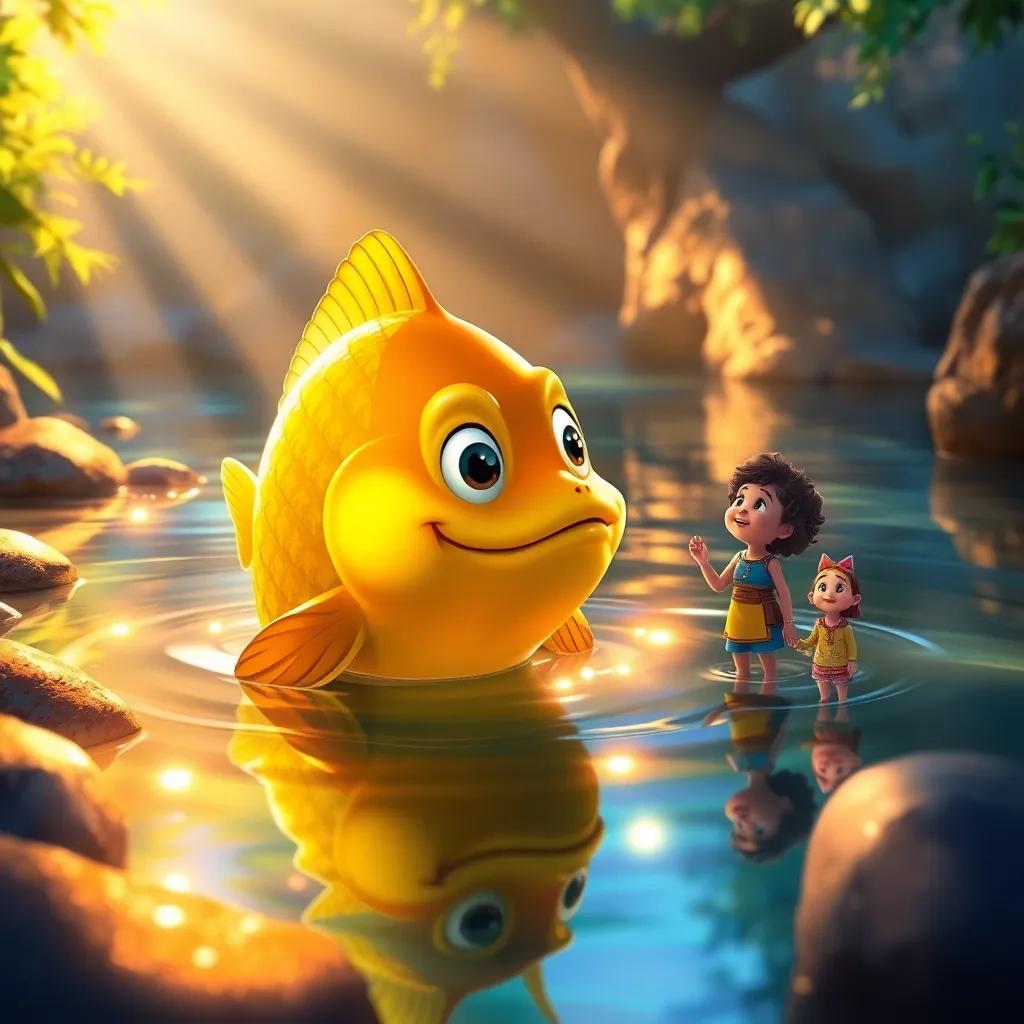 Un pez dorado en un arroyo claro, con ojos brillantes, hablando a Sofía y Tomás, que se ven emocionados, rayos de sol reflejándose en el agua, magical scene, colorful illustration, warm light, enchanting atmosphere
