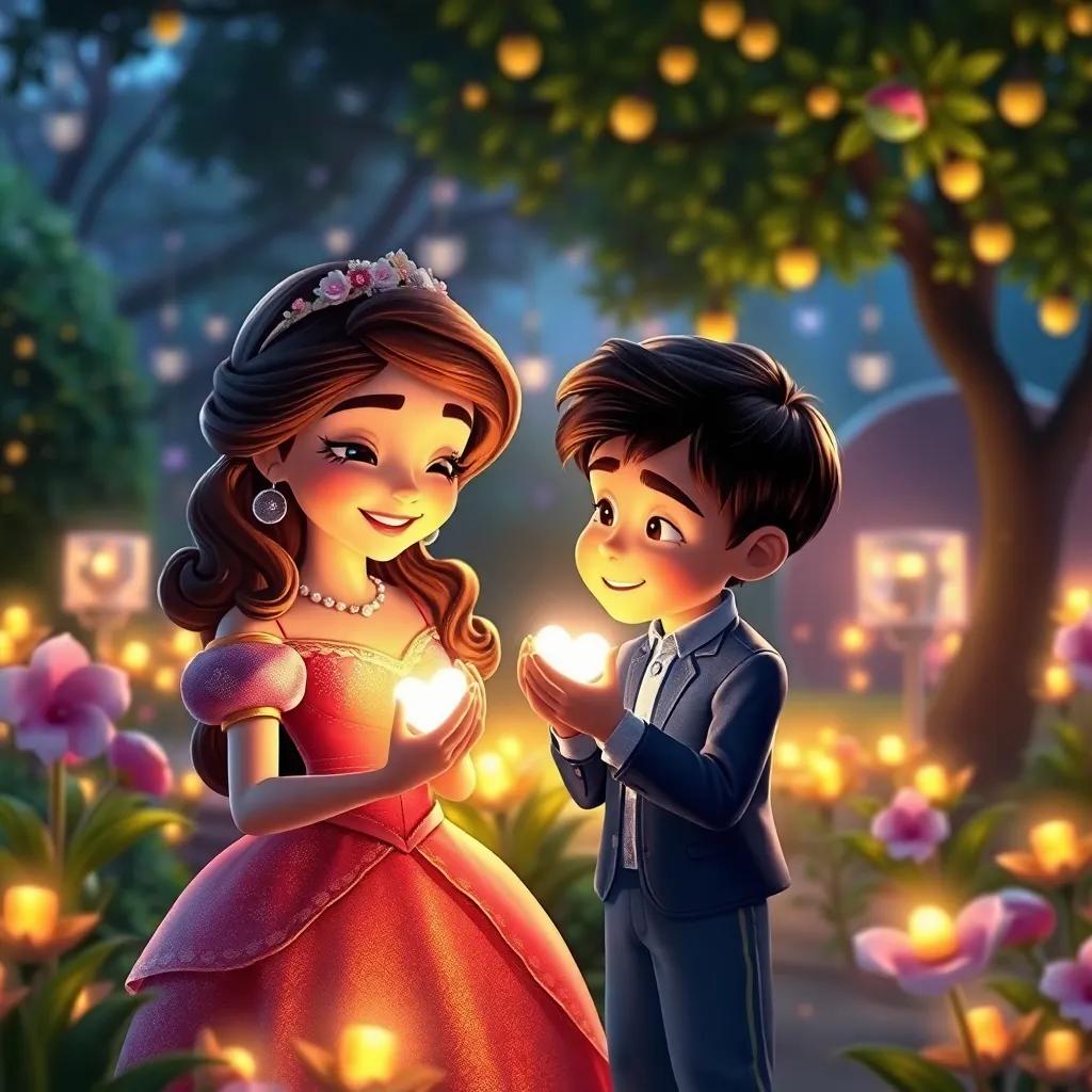 Sofía y Tomás, emocionados, con corazones brillando mientras piensan en sus deseos, rodeados de brillantes luces en el jardín encantado, digital art, magical colors, hopeful atmosphere, dreamy view, high quality