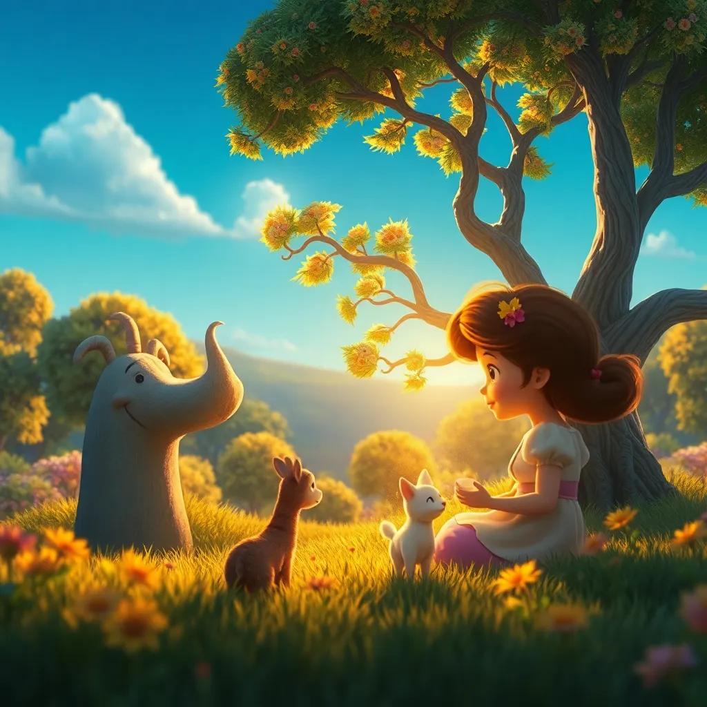 El jardín brillando intensamente mientras Sofía y Tomás despidiéndose de los animales, el viejo árbol sonriendo, una vista mágica y acogedora bajo un cielo azul claro, whimsical digital art, warm colors, nostalgic atmosphere, enchanting farewell