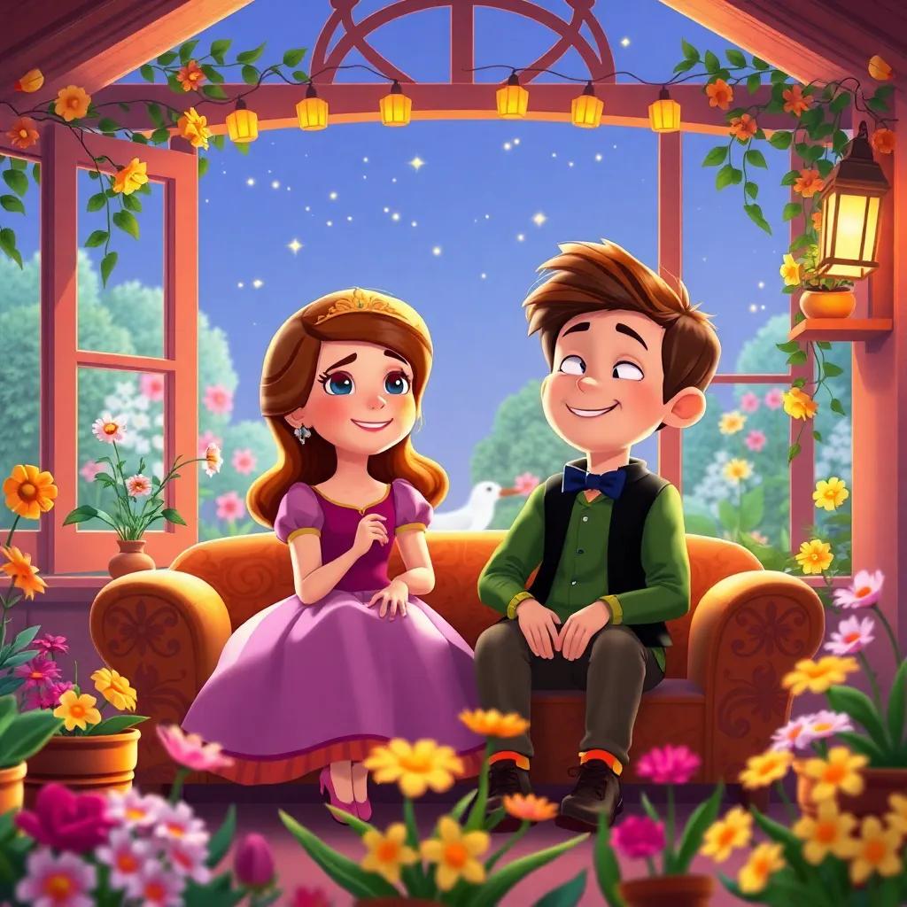 Sofía y Tomás en su casa, sonriendo y mirándose, recordando el jardín encantado lleno de magia y animales, con fotos de flores en el fondo, cheerful illustration, bright colors, warm ambiance, heartwarming view