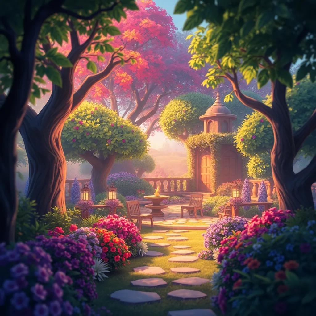 El jardín encantado desde la distancia, rodeado de árboles y arbustos, reflejando la esencia mágica, invitando a los niños a regresar, beautiful digital painting, vibrant colors, whimsical charm, peaceful view
