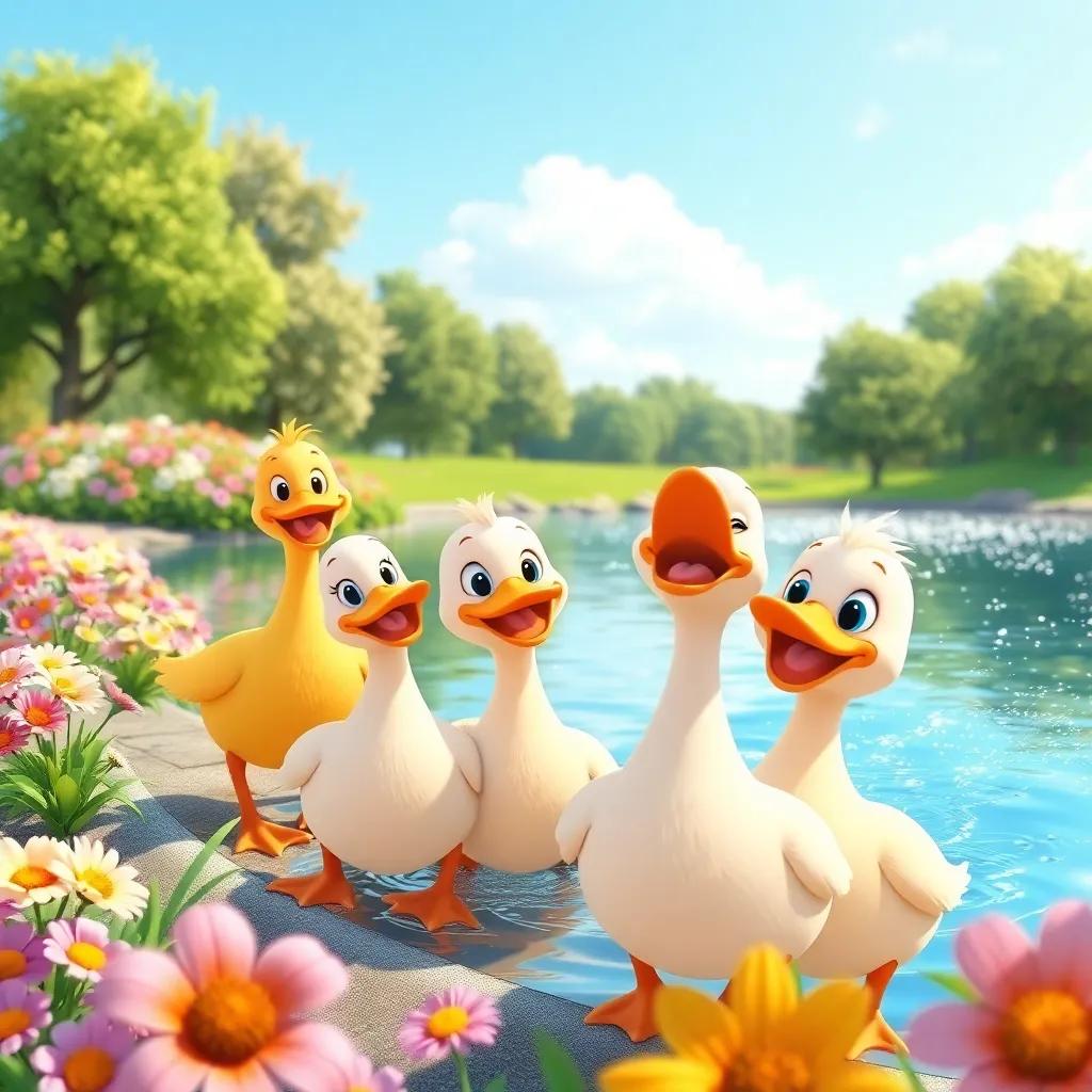 A cheerful group of ducks by a sparkling lake with colorful flowers around, bright daylight, vibrant atmosphere, playful scene, illustration, child-friendly, joyful
