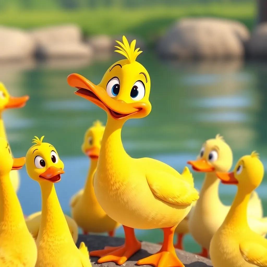 Pablo the duck, with a bright yellow body and orange beak, gathering his duck friends, looking curious, by the water's edge, cheerful and friendly vibes