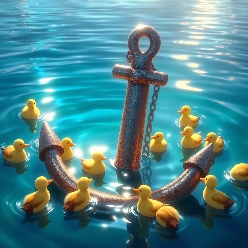 A shiny old anchor half submerged in the water, surrounded by curious ducks, light shimmering on the water, magical atmosphere, playful scene, bright colors