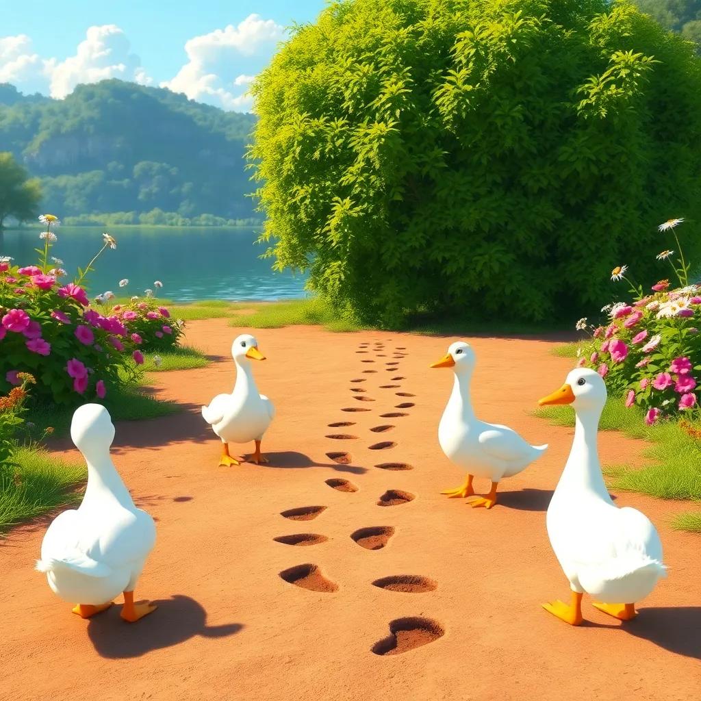 Duck footprints leading to a big bush at the lake, vibrant scenery with bushes and flowers, the ducks looking eager, sunny day, cheerful vibe