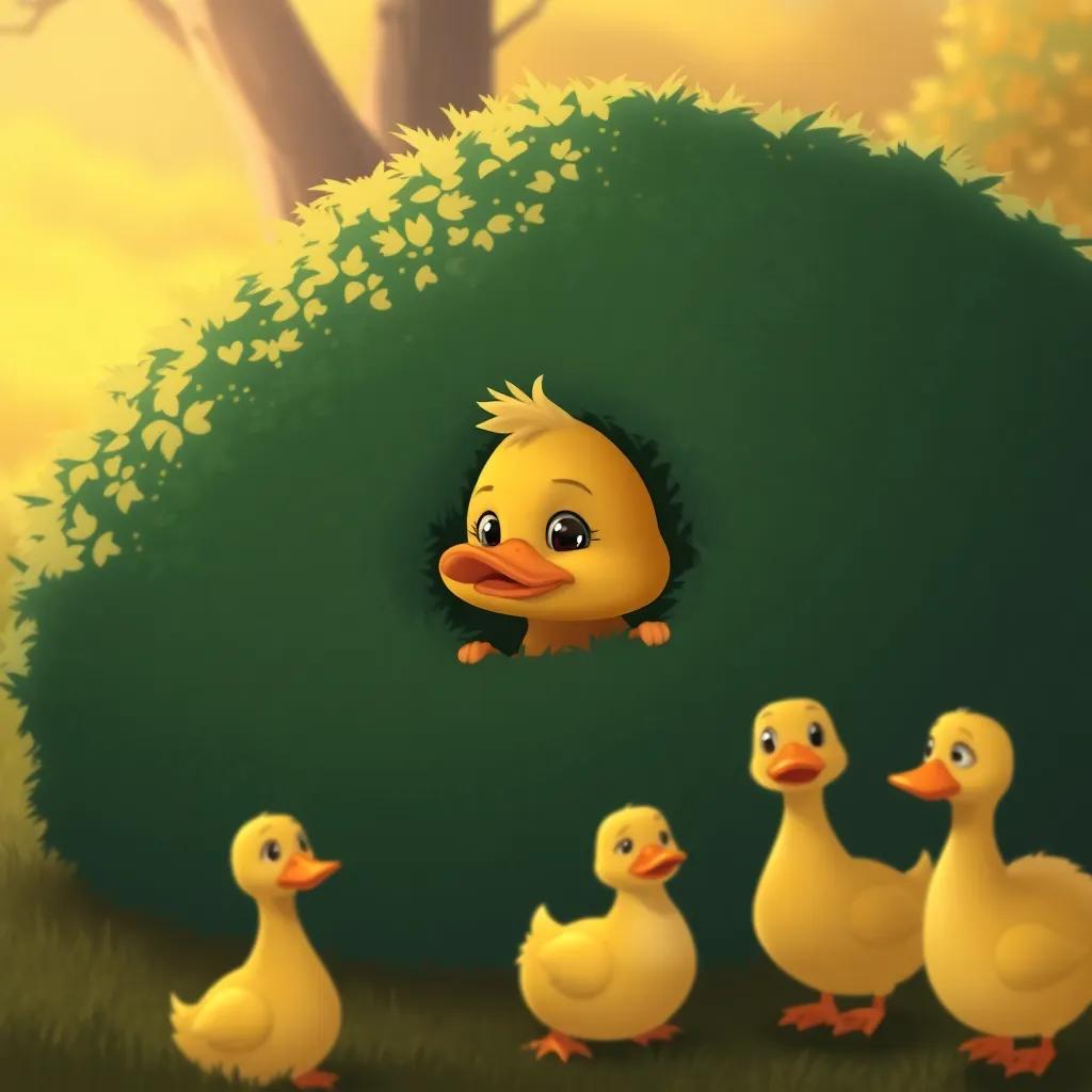 A small sad duck hidden behind a bush, looking lost and worried, friendly ducks around it ready to help, warm colors, inviting scene