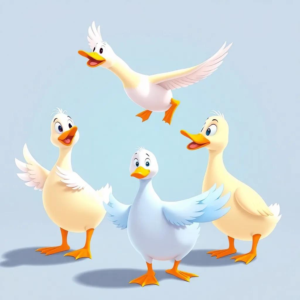The group of ducks working together, one is flying high, another is helping the little duck, teamwork illustrated with bright colors and happy faces
