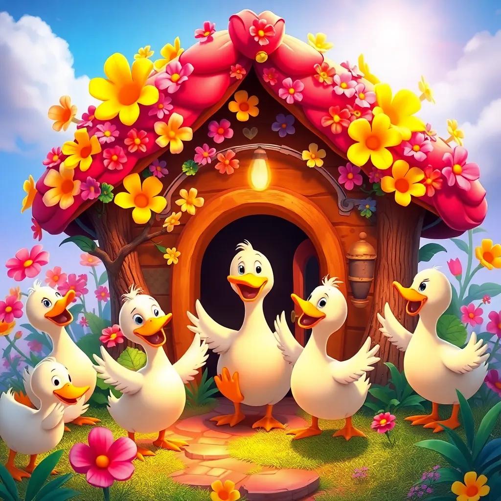 A vibrant and colorful home of the lost duck, with branches and bright flowers, surrounded by happy ducks celebrating, cheerful atmosphere