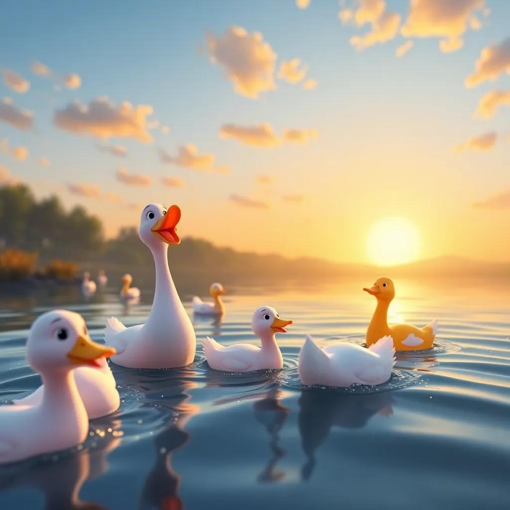 Ducks playing and swimming happily in the lake, sunset in the background, playful and serene atmosphere, colorful scene, uplifting vibe