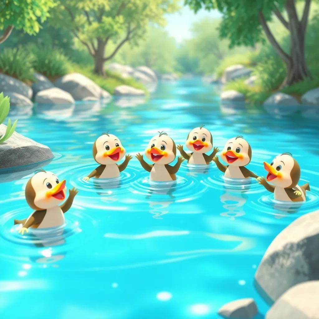 Un grupo de patitos nadando en un río soleado, el agua brilla en azul, escena alegre, estilo caricatura, colores vivos, perspectiva juguetona, arte digital, alta calidad