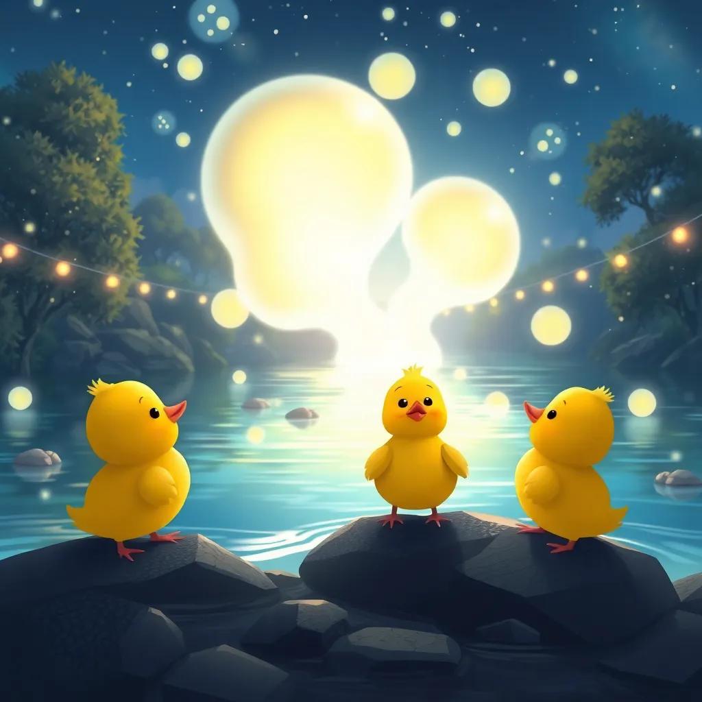 Los patitos observan burbujas mágicas sobre el río, el pato pequeño llamado Pipo se pregunta qué es, paisaje encantador, luces brillantes, atmósfera curiosa, ilustración, colores alegres