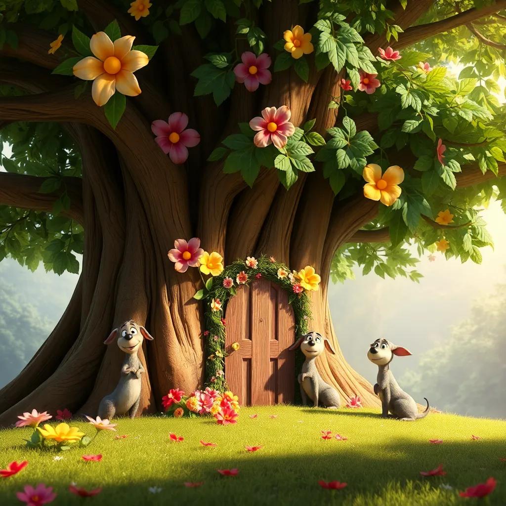 Un gran árbol con una puerta pequeña decorada con flores de colores, los patitos miran emocionados, estilo de cuento de hadas, luz suave, colores cálidos, perspectiva maravillosa, arte digital, alta calidad