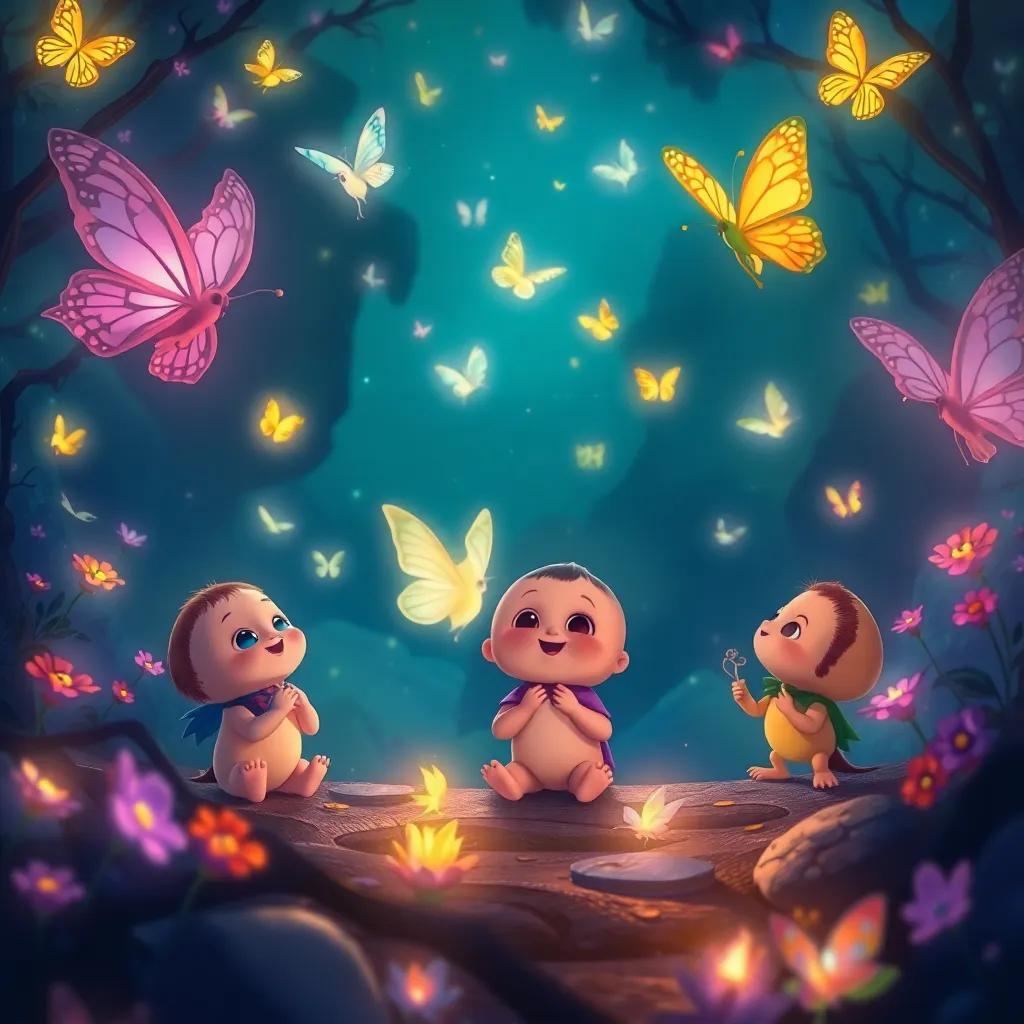 Los patitos entran en un mundo oculto con criaturas mágicas, mariposas luminosas flotando, peces cantando, paisaje asombroso, estilo encantador, colores vibrantes, ilustración, calidad artística