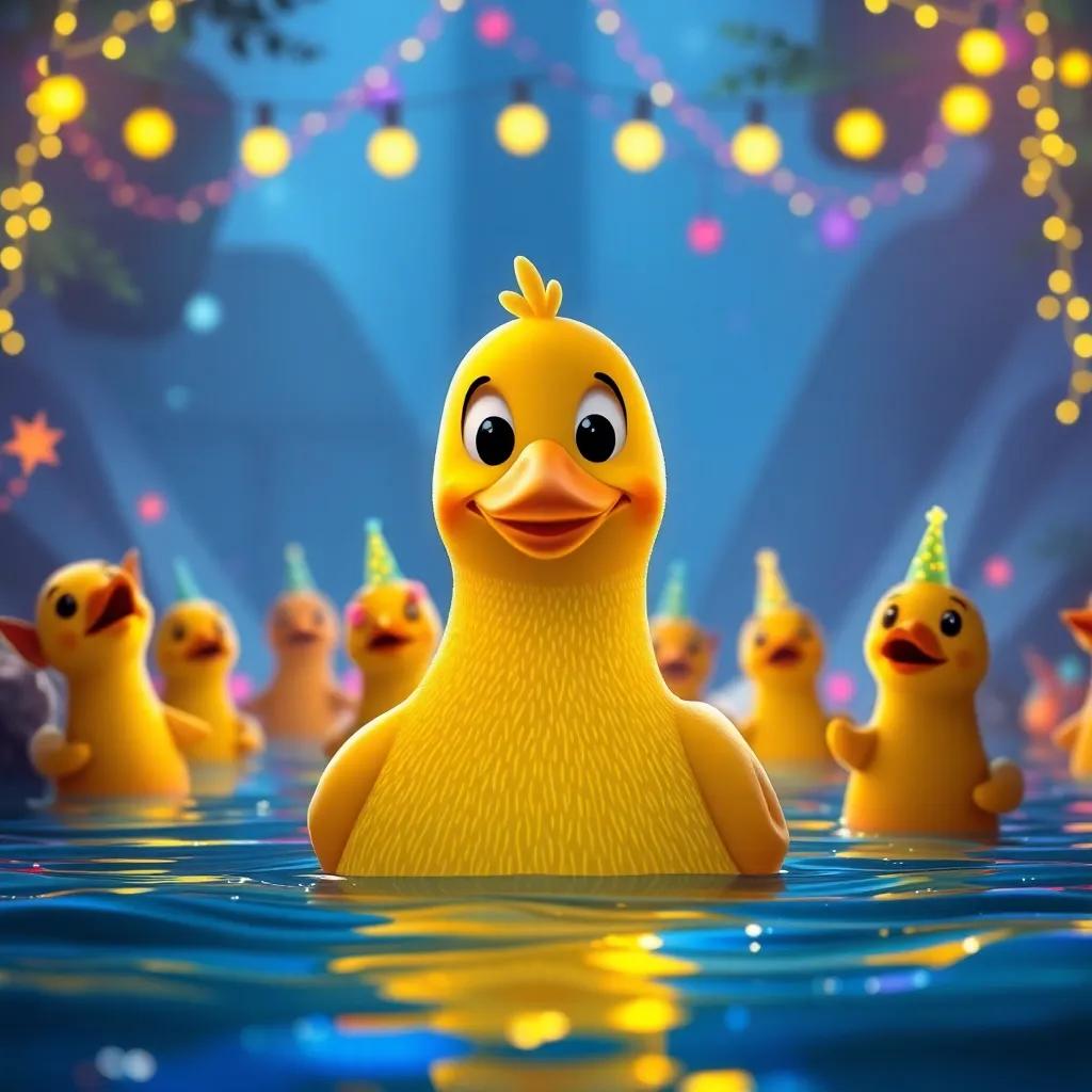 Un pez amigo sonriente da la bienvenida a los patitos en el Reino Escondido del Río, fiesta mágica con amigos, luces festivas, colores brillantes, perspectiva mágica, arte digital, alta calidad