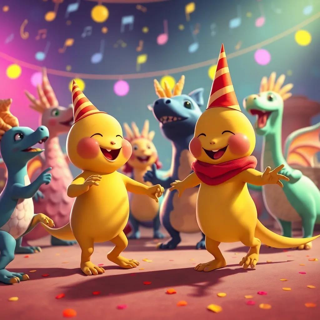 Los patitos disfrutan de la fiesta, bailando junto a criaturas mágicas, música alegre y risas llenan el aire, escena festiva, colores alegres, perspectiva divertida, ilustración, alta calidad