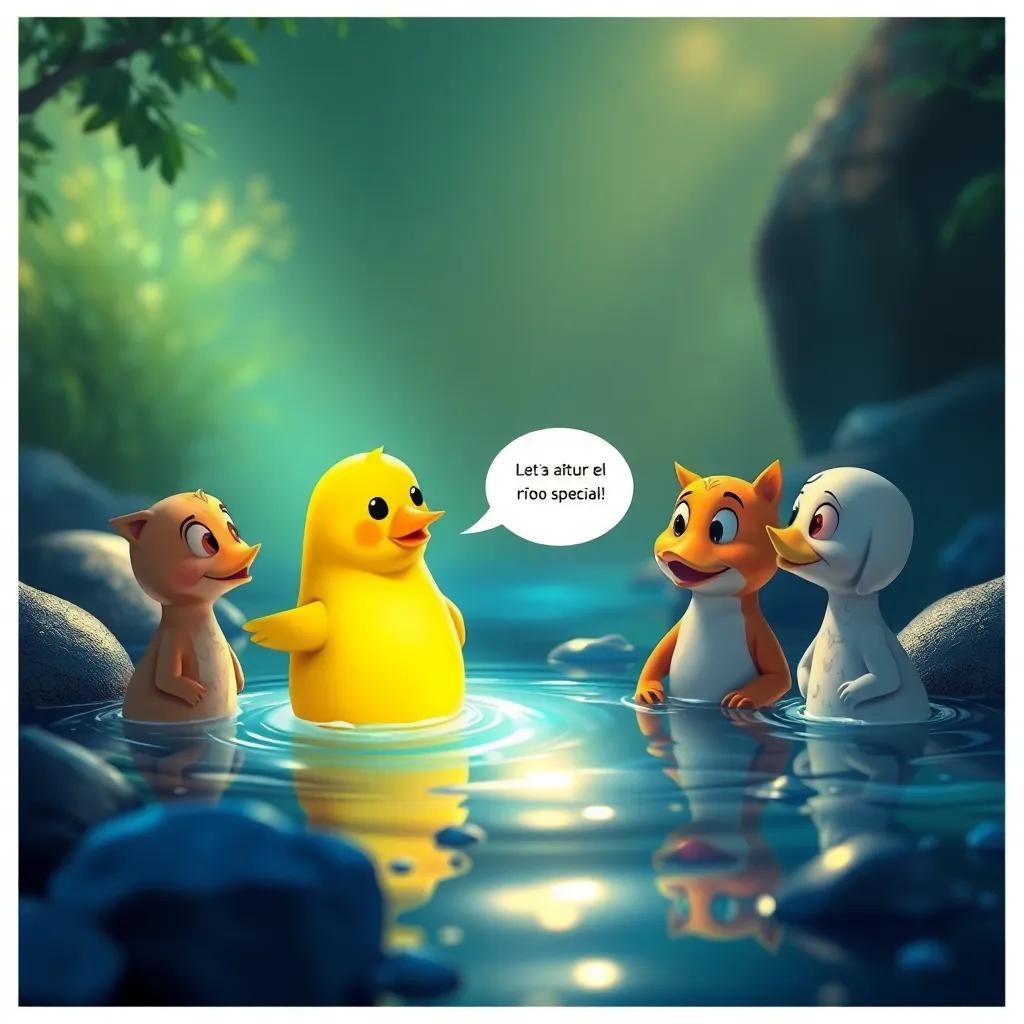 El pez amigo les explica sobre el río especial, los patitos escuchan con atención, atmósfera mágica, luz suave, colores brillantes, estilo de cuento, arte digital, alta calidad