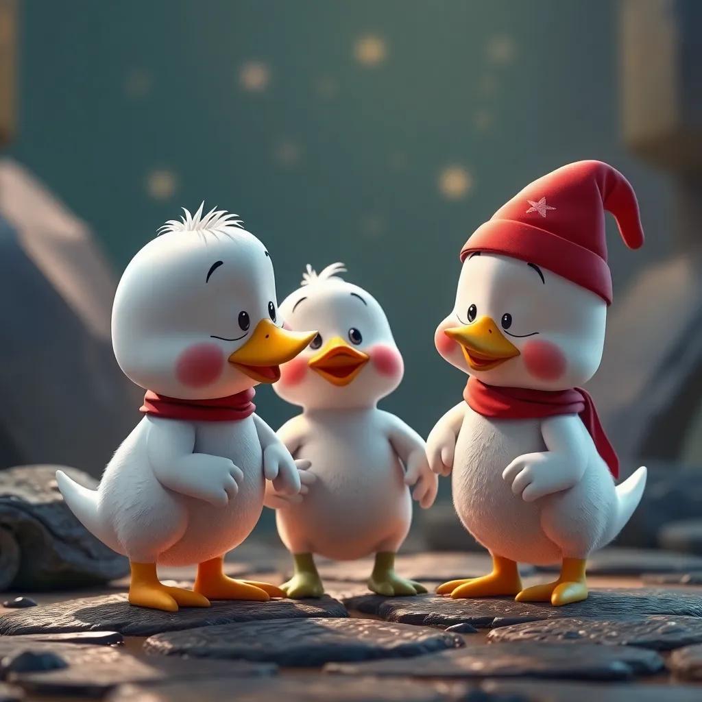 Los patitos se despiden de sus amigos mágicos, prometiendo volver, escena emotiva, colores cálidos, perspectiva nostálgica, arte digital, alta calidad