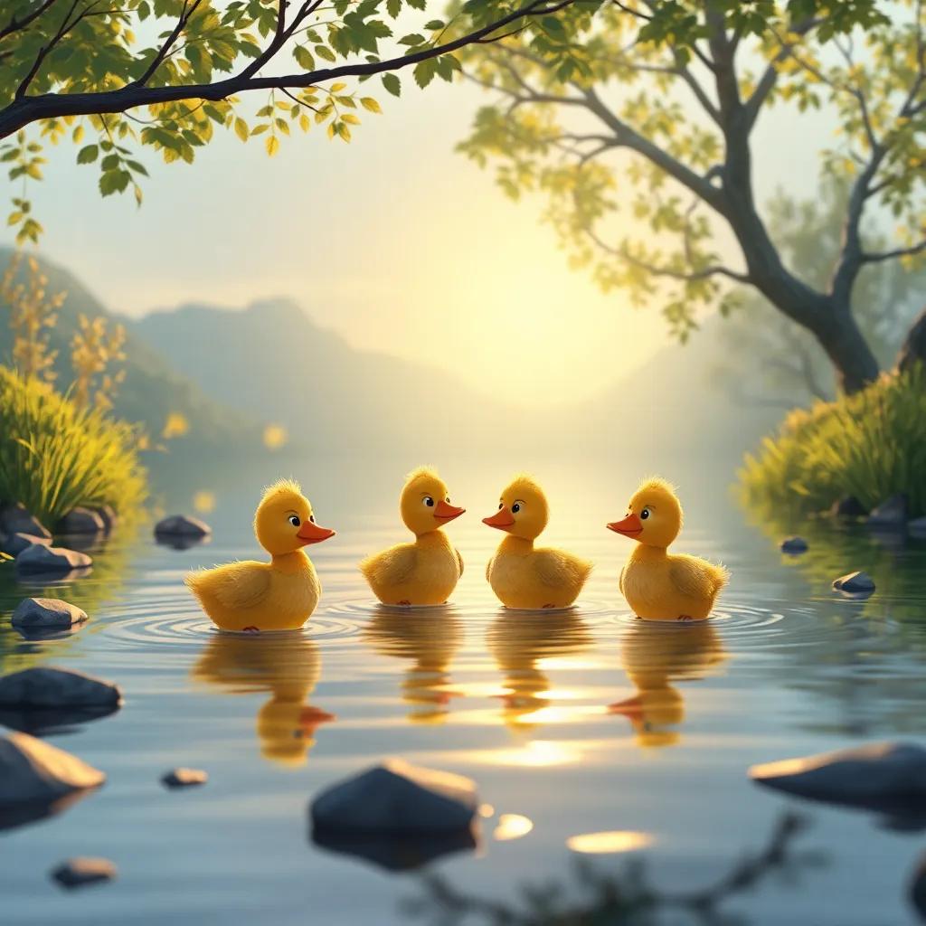 Los patitos regresan al río, el agua es clara nuevamente, llevan la magia en sus corazones, paisaje tranquilo, luz suave, colores serenos, ilustración, alta calidad
