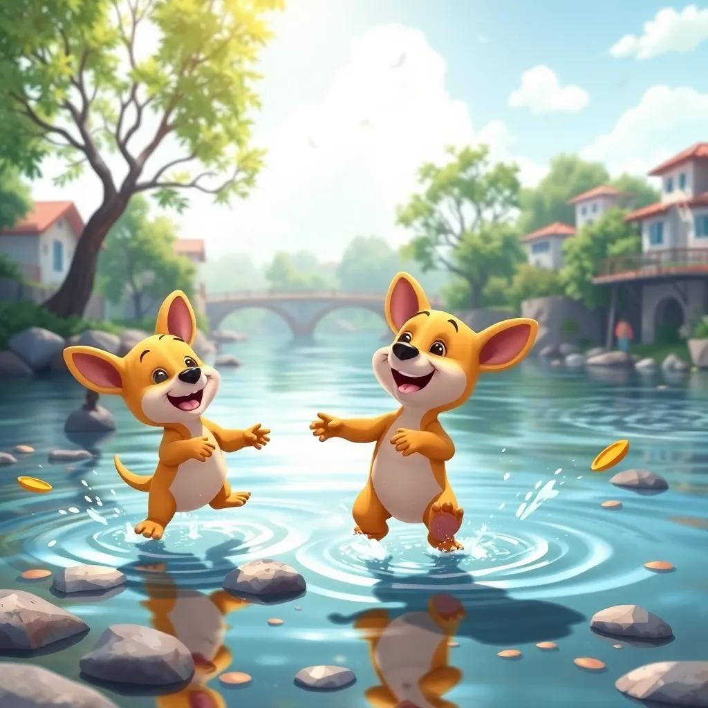 Los patitos jugando alrededor del río, llenos de alegría y sueños de nuevas aventuras, escena feliz, colores vibrantes, perspectiva divertida, arte digital, alta calidad