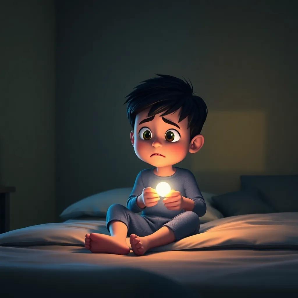 A young boy, Luis, with short black hair and wearing pajamas, sitting on his bed in a dark room, holding a flashlight with a worried expression, digital art, warm light from the flashlight, shadows on the walls, child-friendly atmosphere, high quality