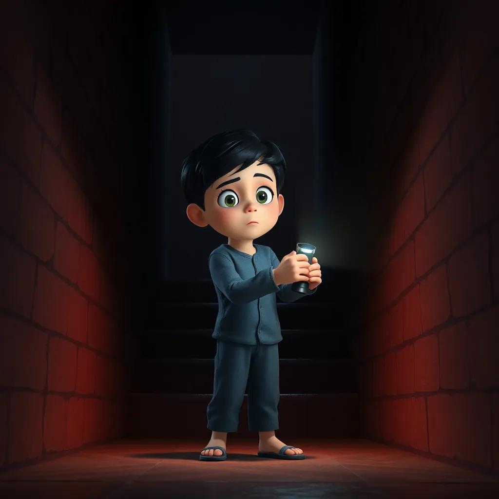 Luis, a young boy with short black hair and pajamas, standing at the entrance of a dark basement, looking scared and hesitant, holding a flashlight that barely illuminates the stairs, dim light casting long shadows, eerie atmosphere, high quality
