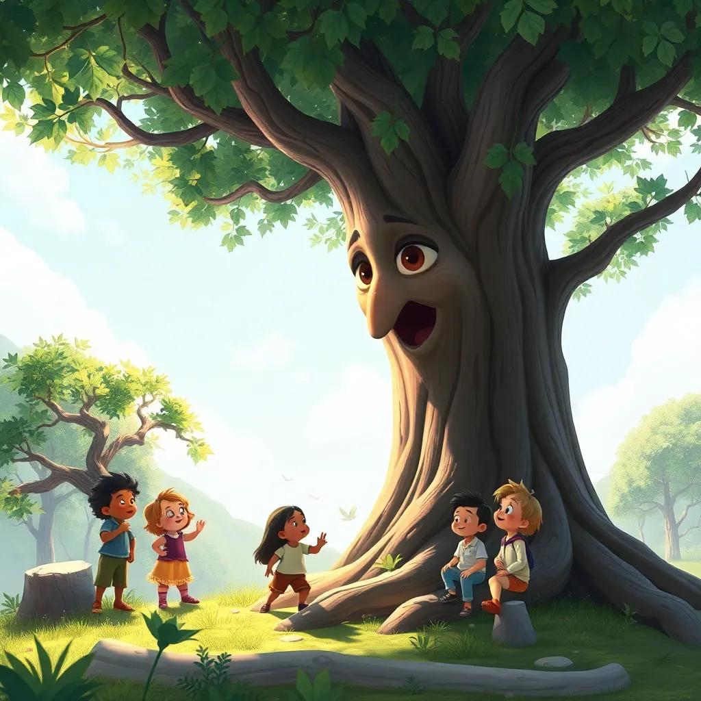 Un árbol grande susurrando chistes, con un búho al lado, los niños riendo, naturaleza mágica, ilustración, decorativa, animada, alta calidad