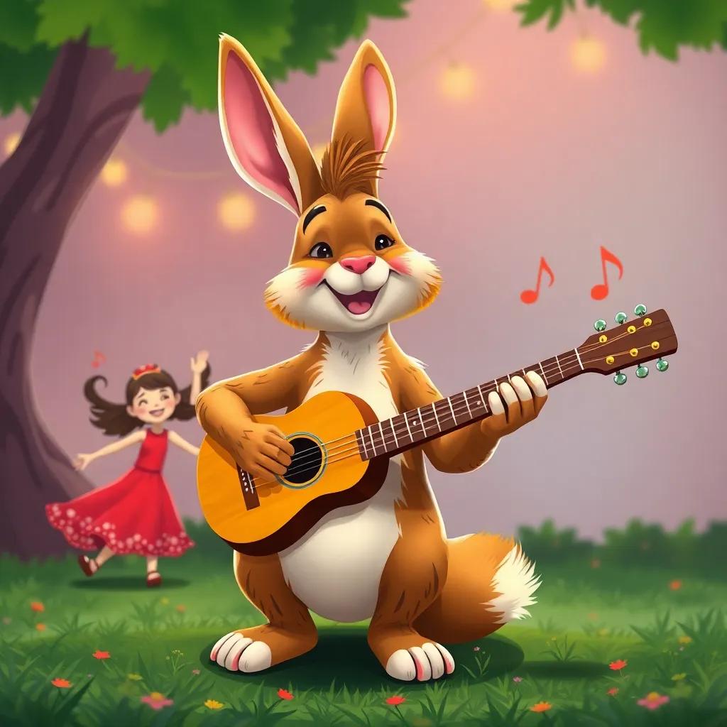 Un conejo divertido con una guitarra, tocando música graciosa, niños bailando y riendo alegres, pradera colorida, estilo caricaturesco, alegre, alta calidad