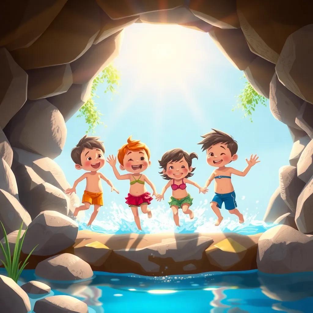 Un arroyo que habla, con agua burbujeante, niños saltando felices, el sol brilla sobre ellos, estilo alegre, digital art, colores brillantes, alta calidad