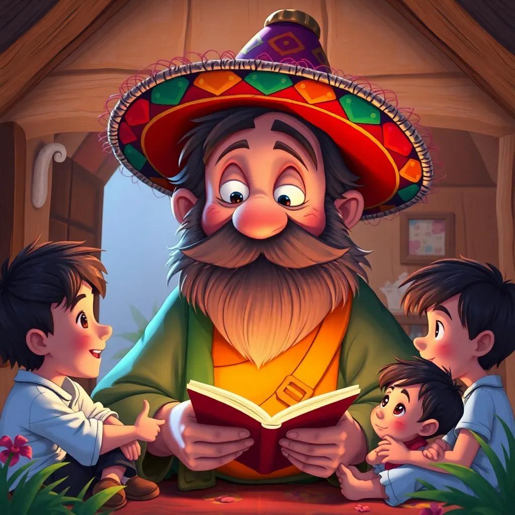 Un anciano con barba larga y sombrero de colores, contando historias graciosas, niños riendo, dentro de una casa pequeña y acogedora, ilustración, entrañable, alta calidad