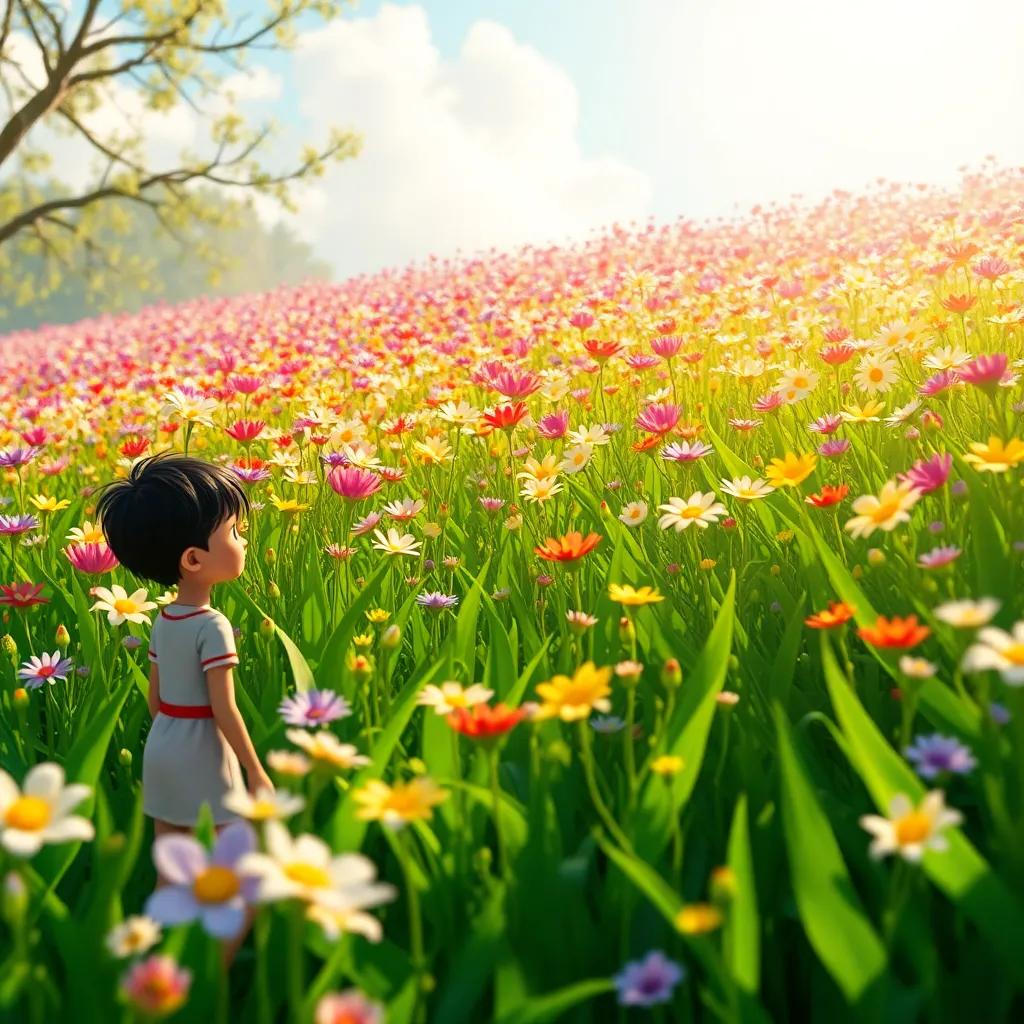 Un prado lleno de flores sonrientes, flores hablando y haciendo chistes, niños riendo al sol, estilo encantador, digital art, colores vibrantes, alta calidad