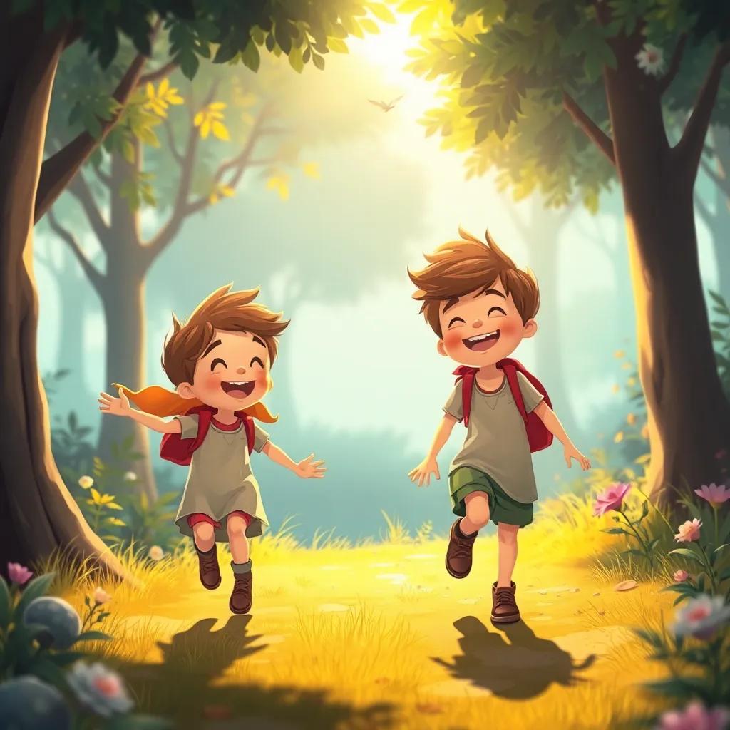 Niños con aire feliz, llevando risas en el aire, camino de la risa por el bosque, ambiente mágico, estilo alegre, digital art, colores cálidos, alta calidad