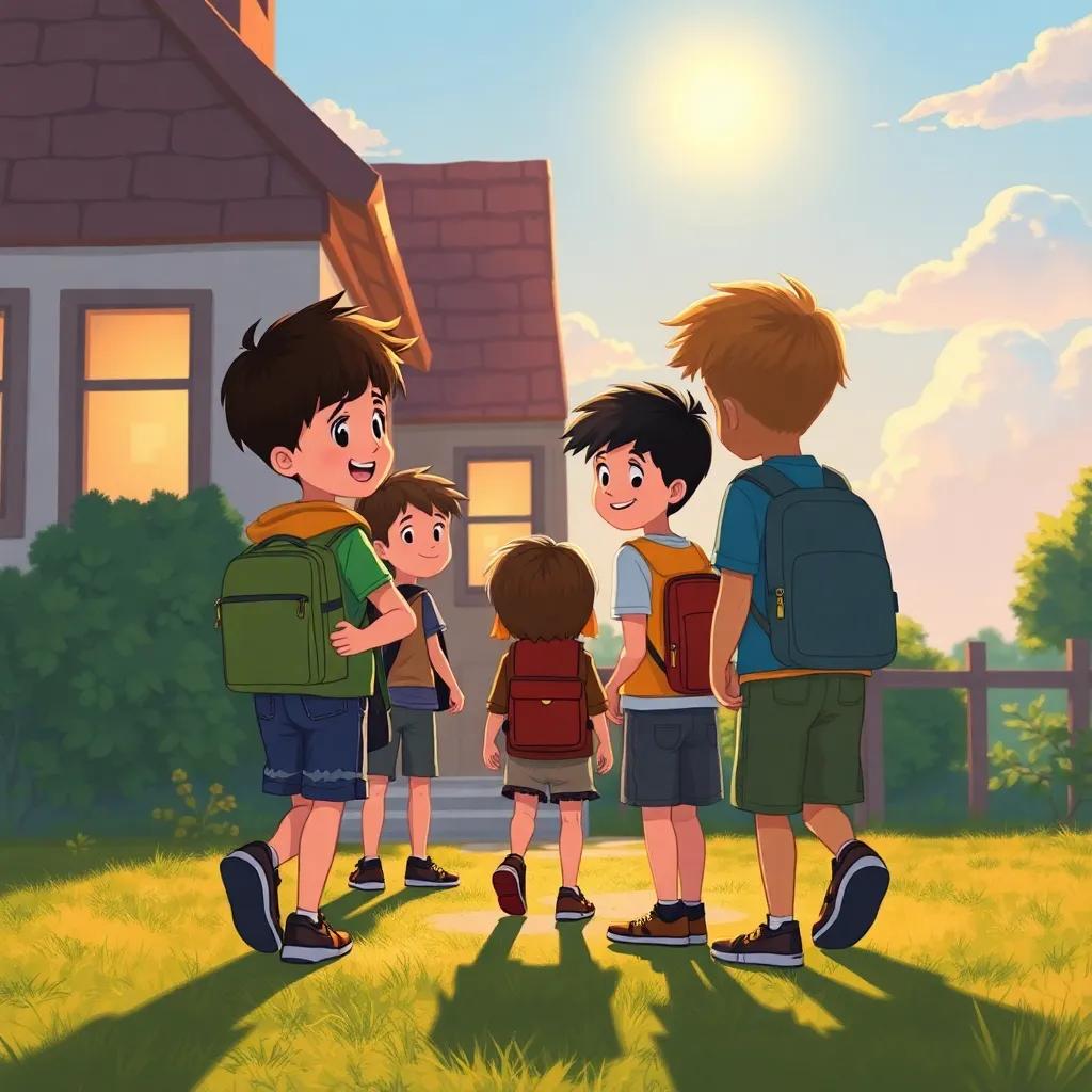 Niños regresando en grupo a casa, emocionados contando sus aventuras, sol poniéndose detrás, ambiente nostálgico, ilustración, entrañable, alta calidad