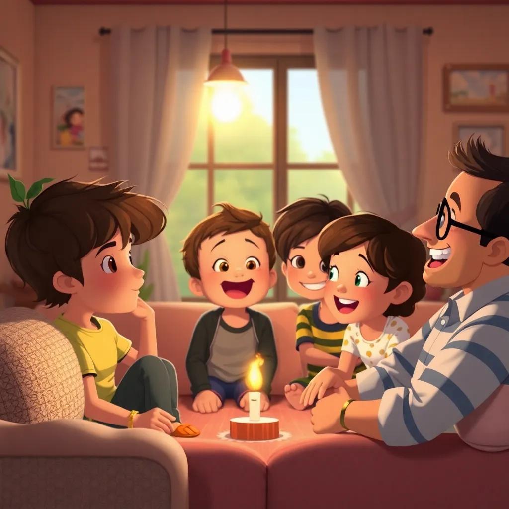 Niños riendo en casa, contándole a los adultos sobre su aventura, adultos riendo también, ambiente acogedor, digital art, cálido, alta calidad