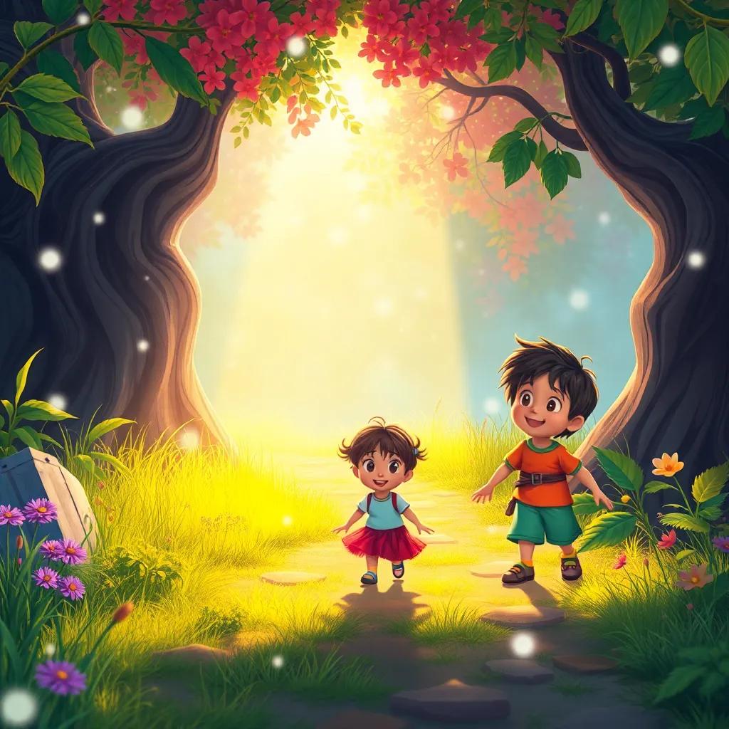 Una escena mágica, el camino de la risa brillando con luz mágica, niños felices y sonrientes, naturaleza colorida, estilo encantador, digital art, alta calidad