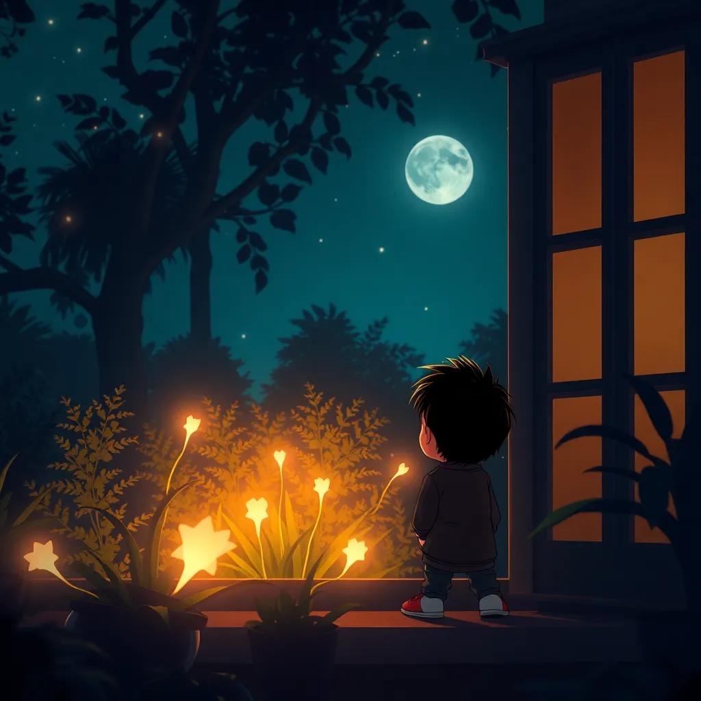 Una noche oscura con un niño llamado Emiliano mirando por la ventana, luciérnagas brillando en el jardín, ilustración digital, colores cálidos, atmósfera mágica, enfoque nítido