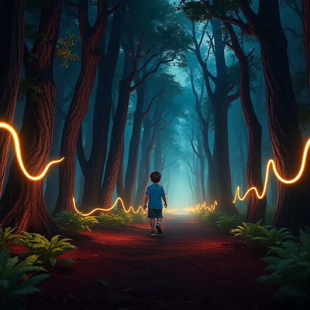 Emiliano siguiendo luciérnagas en un bosque, árboles altos y sombras misteriosas, luciérnagas iluminando el camino, arte detallado, colores vibrantes, perspectiva inmersiva