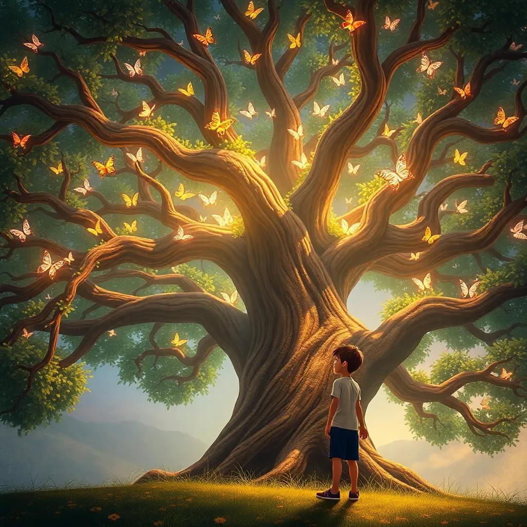 Un gran árbol con ramas extendidas y mariposas mágicas en sus ramas, Emiliano mirando con asombro, arte digital, colores brillantes, enfoque en el detalle