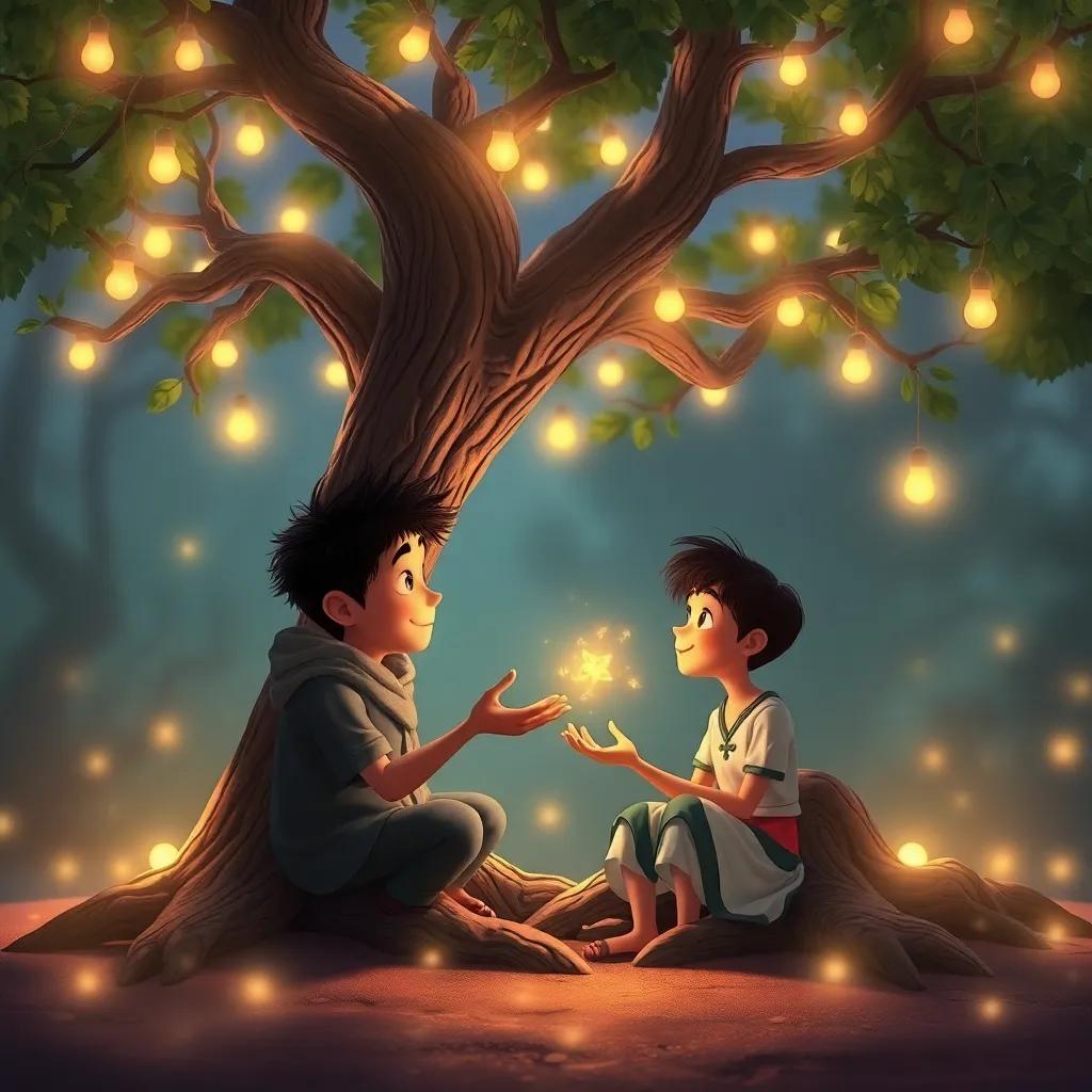 Un árbol mágico hablando con Emiliano, luciérnagas brillando a su alrededor, ilustración mágica, atmósfera acogedora, calidad de imagen alta