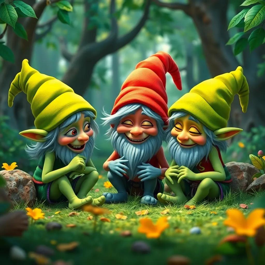 Duendes alegres con gorros puntiagudos riendo y jugando con Emiliano, un bosque colorido y vibrante, alegría y diversión, arte digital, encantador, enfocado en la expresión