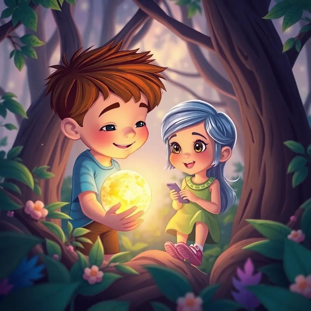 Emiliano con una niña llamada Luna, de cabello plateado brillante, explorando juntos un bosque mágico, colores suaves y amigables, estilo de cuento de hadas, calidad brillante