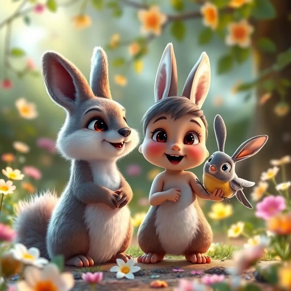 Emiliano con amigos mágicos: un conejo que habla y un búho sabio, en un entorno encantador lleno de flores y luz, ilustración rica en detalles, ambiente feliz, efecto de ensueño
