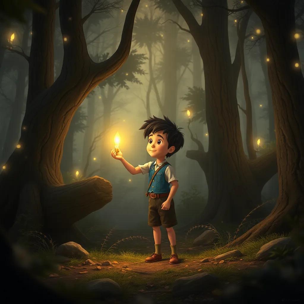 Emiliano despidiéndose de sus amigos mágicos en el bosque, luciérnagas guiándolo de regreso, escena nostálgica y hermosa, arte con calidad clara, emotiva