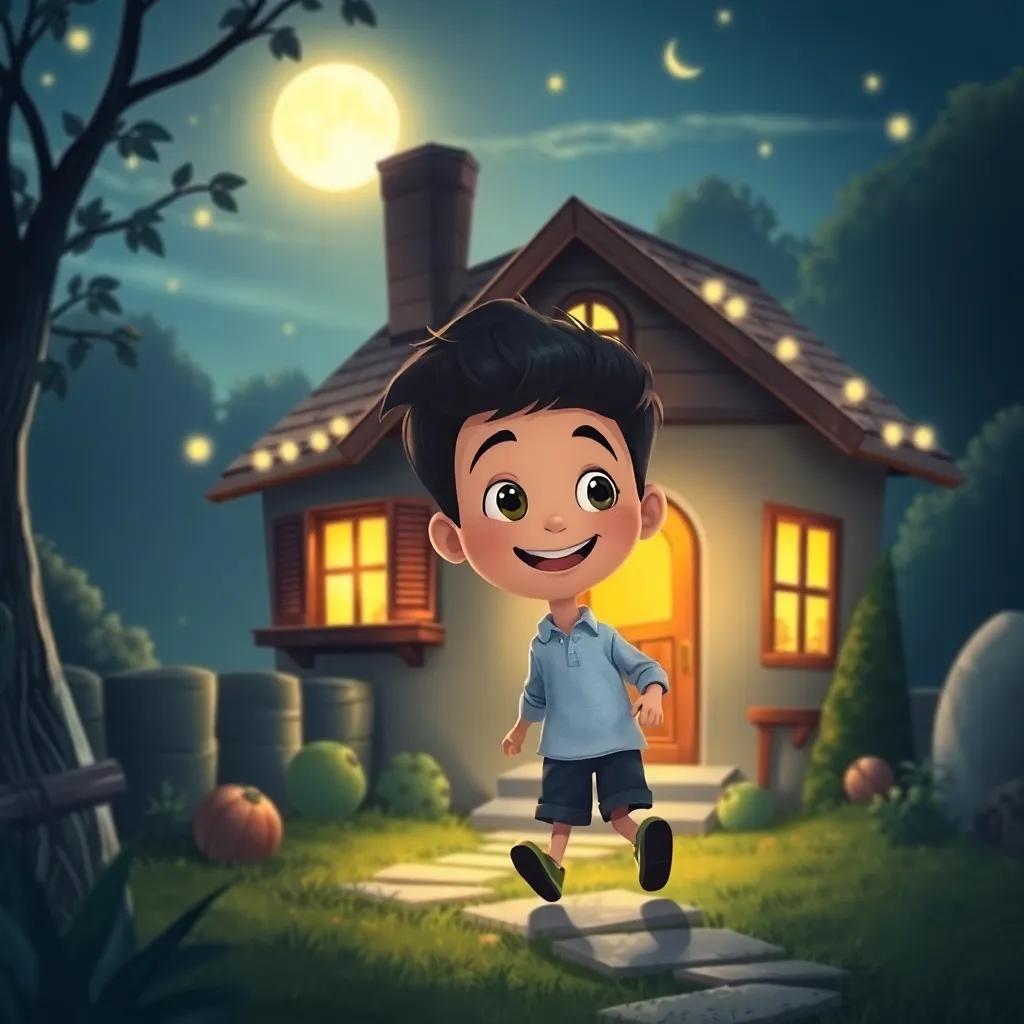 Emiliano llegando a casa con una sonrisa, recordando las maravillas, su hogar iluminado suavemente por la luz de luna, ilustración mágica, cálida y adorable, enfoque claro