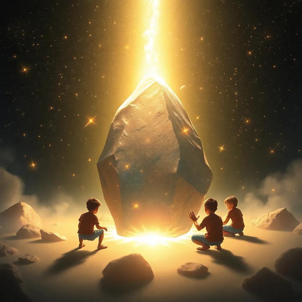 Una piedra mágica grande en el centro del círculo, tallada con símbolos extraños, brillando intensamente, mientras los niños la tocan, inmersos en un destello de luz brillante, - arte digital, elevado y místico, emocionante.