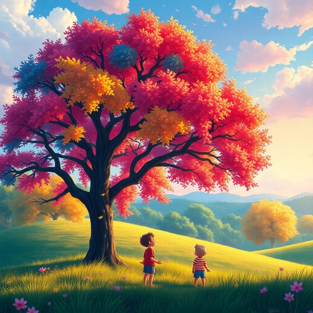 Un paisaje maravilloso con árboles de colores brillantes y un cielo que cambia de azul a rosa, representando el caos de las estaciones, mientras los niños miran asombrados, - ilustración, colorida y mágica, envolvente y encantadora.