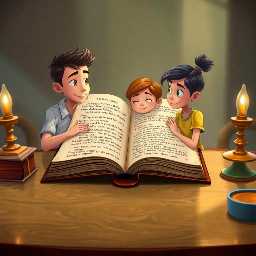 Un libro antiguo abierto en una mesa mágica con ilustraciones de estaciones, los amigos colaborando y buscando respuestas, en una atmósfera de misterio y descubrimiento, - arte digital, profundo y envolvente, educativo y atractivo.